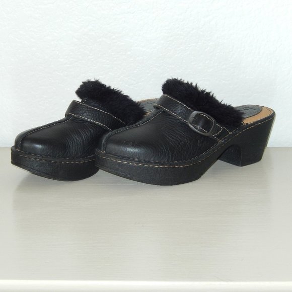 Born Mules Clogs Concept BOC 7 Black Leather Fur Trim Platform Slip On Shoes - Picture 1 of 9